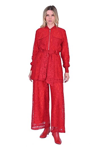 Invee Lace Suit with Trousers Combed Cotton Lined Claret Red