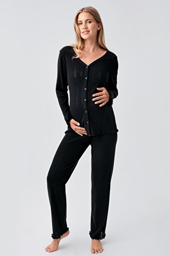 Artış Long Sleeve Openwork Buttoned Stretchy Cotton Maternity Pajamas Set