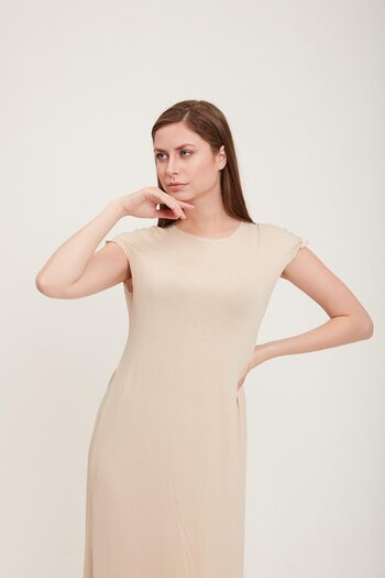 Invee Combed Cotton Lining Sleeveless Dress Beige
