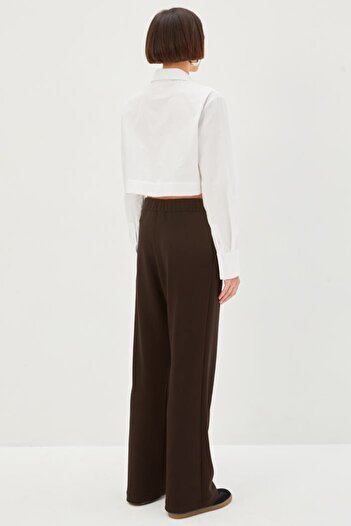 Allyco Nervürlü Wide Leg Beli / Lastikli Rahat Kalıp Örme Pantolon