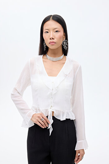 Quzu Ruffle Detailed V-Neck Buttoned Blouse Ecru