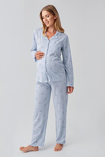 Artış Long Sleeve Patterned Buttoned Flexible Cotton Maternity Pajama Set
