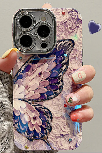 Fibaks iPhone 15 Kılıf Renk Geçişli Taşlı Kamera Lens Korumalı Simli Mor Kelebek Desenli Darbe Emici Kapak