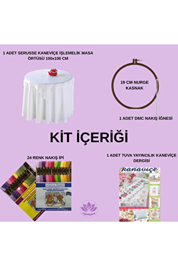 LİLYHOBBYLAND Kaneviçe Başlangıç Seti Serusse 100x100 cm Masa Örtüsü + 24 Renk İp + Kasnak + İğne + Dergi