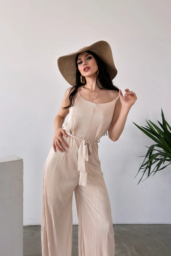 Fav Style Women's Strappy Wide Leg Belted Krinkle Jumpsuit Beige