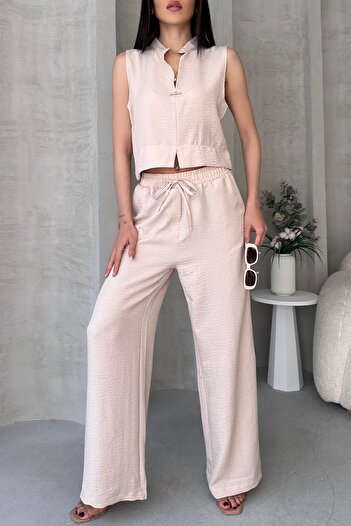 Fav Style Women's Judge Collar Tank Top and Loose Wide Leg Pocket Pants Bottom-Top Set Cream