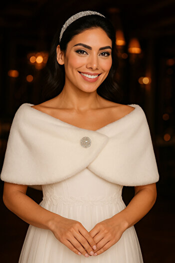 Elegance Scarf Short Brooch Fur Etol Bridal Bolero Off White