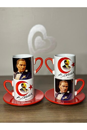 Marblestone Ataturk Signed Porcelain Turkish Coffee Cup Set of 4