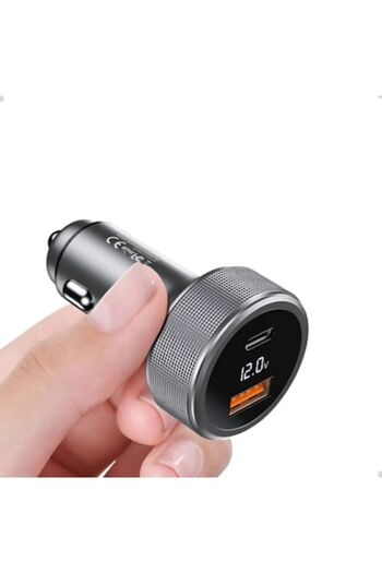 OEM Fast car charger 54W, USB-C + USB-A, metallic gray, compact, aluminum housing, compact