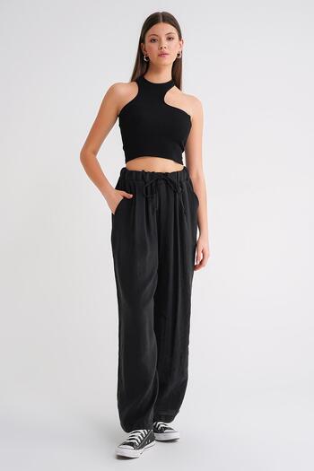 Mixray 4627 Women's Wide Leg Pleated Waist Palazzo Wide Fit Trousers Black