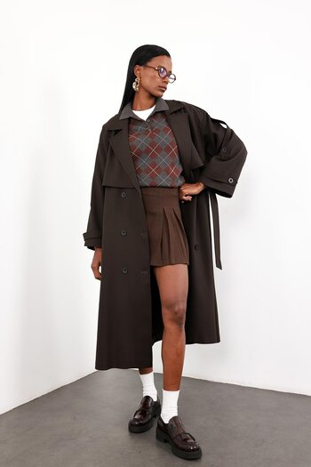 5in1Canpolat Bitter Brown Oversize Trench Coat with Windbreaker 9476