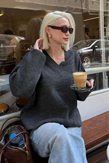 Madmext Anthracite V-Neck Knitwear Women's Sweater Mg2501