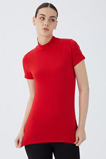 Almila Turtleneck Short Sleeve Women's Bodysuit T-Shirt 2046-Cotton Stretchy Bodysuit
