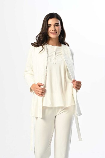 Lohussa Women's Ecru Lace Winter Special Design Maternity Maternity Dressing Gown Pajama Set