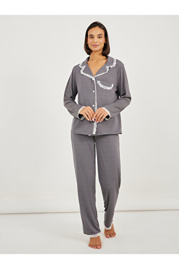 Styli Rib Lace Trim Pocket Shirt and Pyjama Set