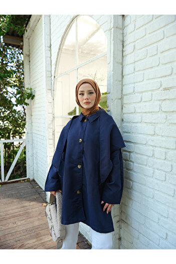 LOCCO Women's Pocket Detail Cape Jacket Navy Blue