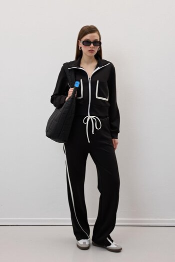 LEVURE Beli Lastikli Garni Biye Detaylı Pantolon SİYAH