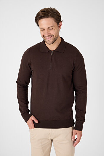 hateko Brown 100% Cotton Men's Half Zipper Polo Neck Knitwear Sweater