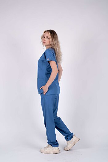 ACAR İŞ TEX Set de uniforme pentru asistentă medicală și medic din Lycra albastru indigo Scrubs Uniforme de spital