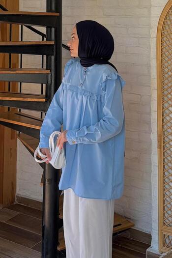 lamelif Judge Collar Pleated Front Tunic Blue