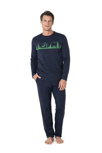 Pierre Cardin Men's Pajama Set, Cotton, with Pockets, Crew Neck, Deer & Forest Print