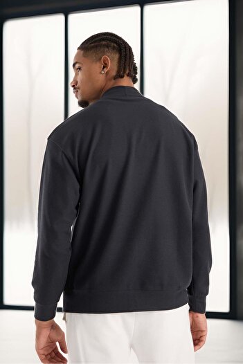 Valiberta Potter Dokulu Selanik Kumaş Oversize Basic 3 Düğmeli Erkek Hırka - Füme