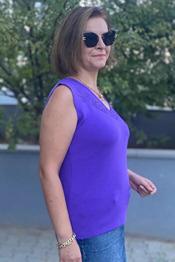 Mia Butik Women's Lina Purple Mercerized Sleeveless Blouse