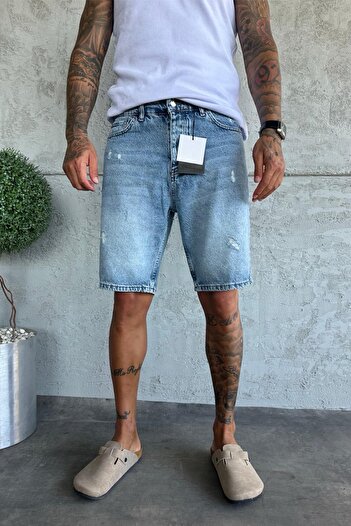 MADZEYMODA Denim Kumaş Mavi Baggy Kalıp Yırtık Detaylı Erkek Jean Kot Şort KE-816