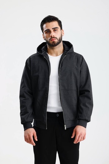 İLKCET MODA Hooded Anthracite Gabardine Oversize Bomber Jacket