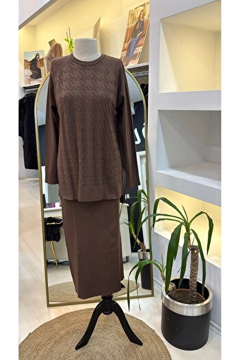 Nuss 1350 Houndstooth Mercerized Skirt Suit Coffee