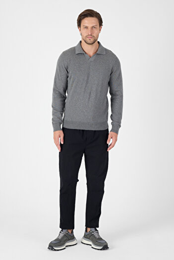 hateko Gray 100% Cotton Men's Buttonless Polo Neck Knitwear Sweater