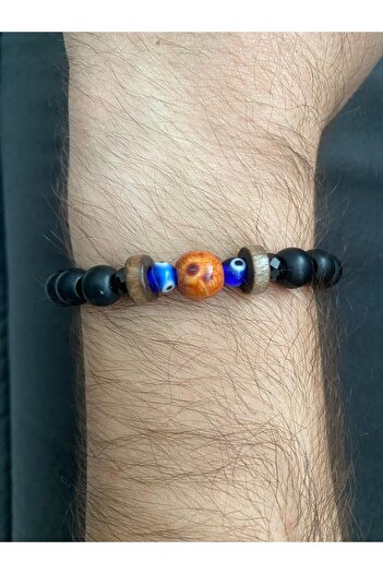 Stoneday Black Bead Bracelet with Wooden Evil Eye Bead Detail