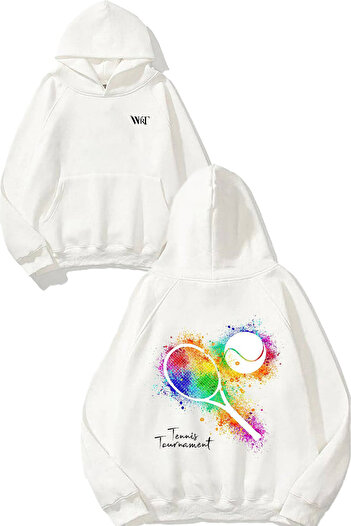 THEWERT Tennis 4 Design Back Printed White Hooded Sweatshirt