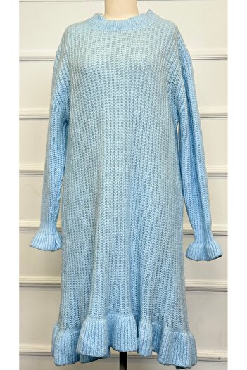 RACE FASHİON Crew Neck Long Knit Dress with Ruffled Sleeves and Hem Rc8000