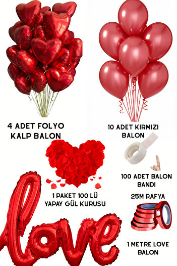Baloncu Nene Love Written Romantic Set Red Heart Balloon Rose Petal Candle Valentine's Day Decoration Set
