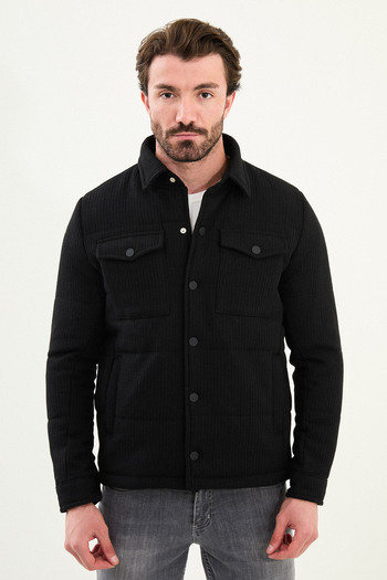 Mcr Striped Slim Fit Shirt Collar Snap Button Men's Coat Black - 39655.25K