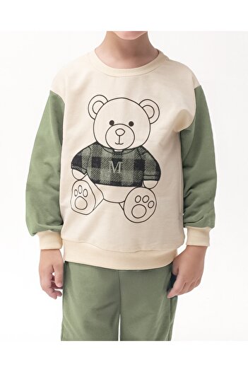 Bolly Baby Bear Printed Plaid Appliqued Long Sleeve Seasonal Top and Bottom Boys' Set