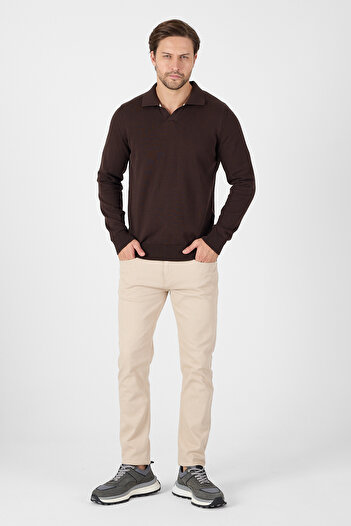 hateko Brown 100% Cotton Men's Buttonless Polo Neck Knitwear Sweater