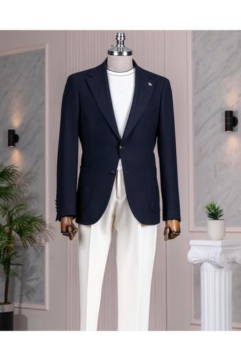 TerziAdemAltun Italian Style Slim Fit Mono Collar Men's Single Jacket Navy Blue T14398