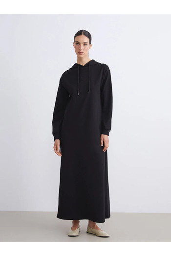 LC Waikiki Lcw Modest Black Hooded Sweatshirt Dress