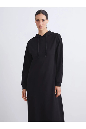 LC Waikiki Lcw Modest Black Hooded Sweatshirt Dress