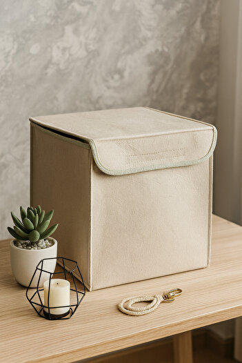 YUNUSOĞLU HOME Cream Closet Organizer, Laundry, Toy Organizer, Storage Box, Felt Basket Organizer 29X30 cm