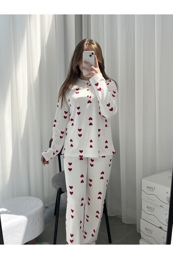 Lena Homewears Red Heart Patterned Ecru Half Placket Berlin Pajama Set