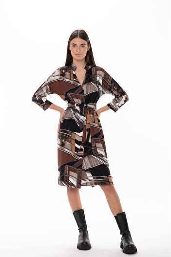Couture de Marie Viscose midi dress, shirt type, geometric print, with drawstring, brown – Anya