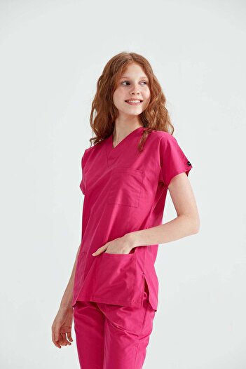 DEMOTEKS Scrub Top Uniform Medical Blouse Classic Pink Fuchsia Unisex