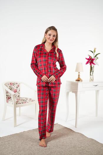 Estiva Women's Winter Front Buttoned Checkered Velvet Pajama Set Red