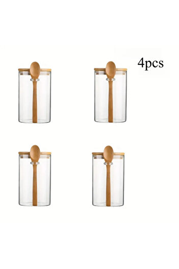 Choice 4 pcs 280ml Candy Jar, Biscuit Jar, Glass Storage Jar With Sealed Bamboo Lid And Spoon - 10oz Transp
