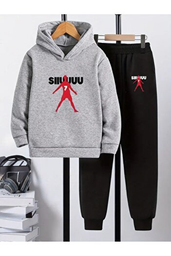 Cevval Children's Printed Hooded Sweatshirt and Sweatpants Set 3 Thread Raster for Autumn/Winter