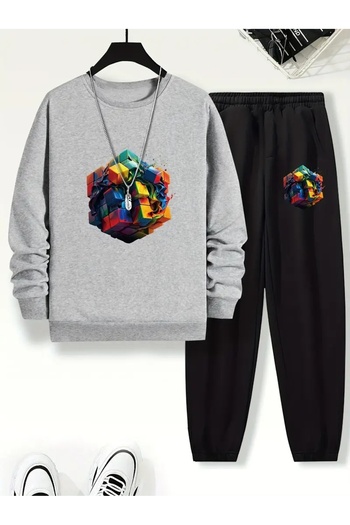 CROPSEL Children's Printed Crew Neck Sweatshirt and Sweatpants Set 3 Thread Raster for Autumn/Winter