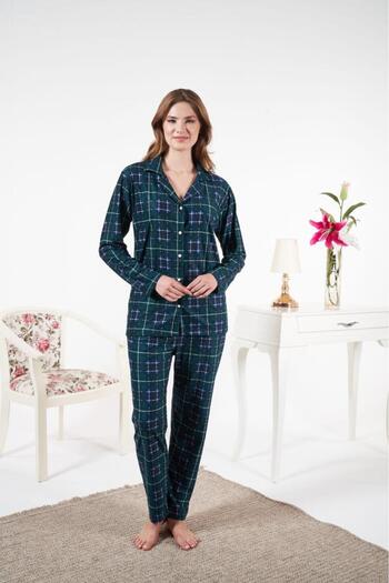 Estiva Women's Winter Front Buttoned Checked Suede Pajama Set